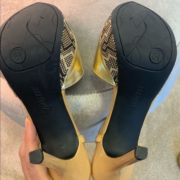 Sam & Libby Margot metallic gold peep toe strappy platform pump high heels - Picture 7 of 8